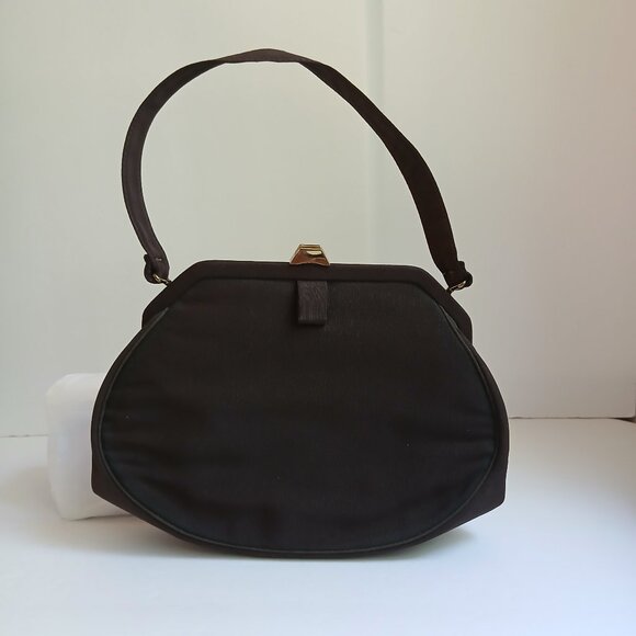 Vintage Brown Grosgrain Gold Art Deco Clasp Handbag with Cute Attached Purse - Picture 1 of 13